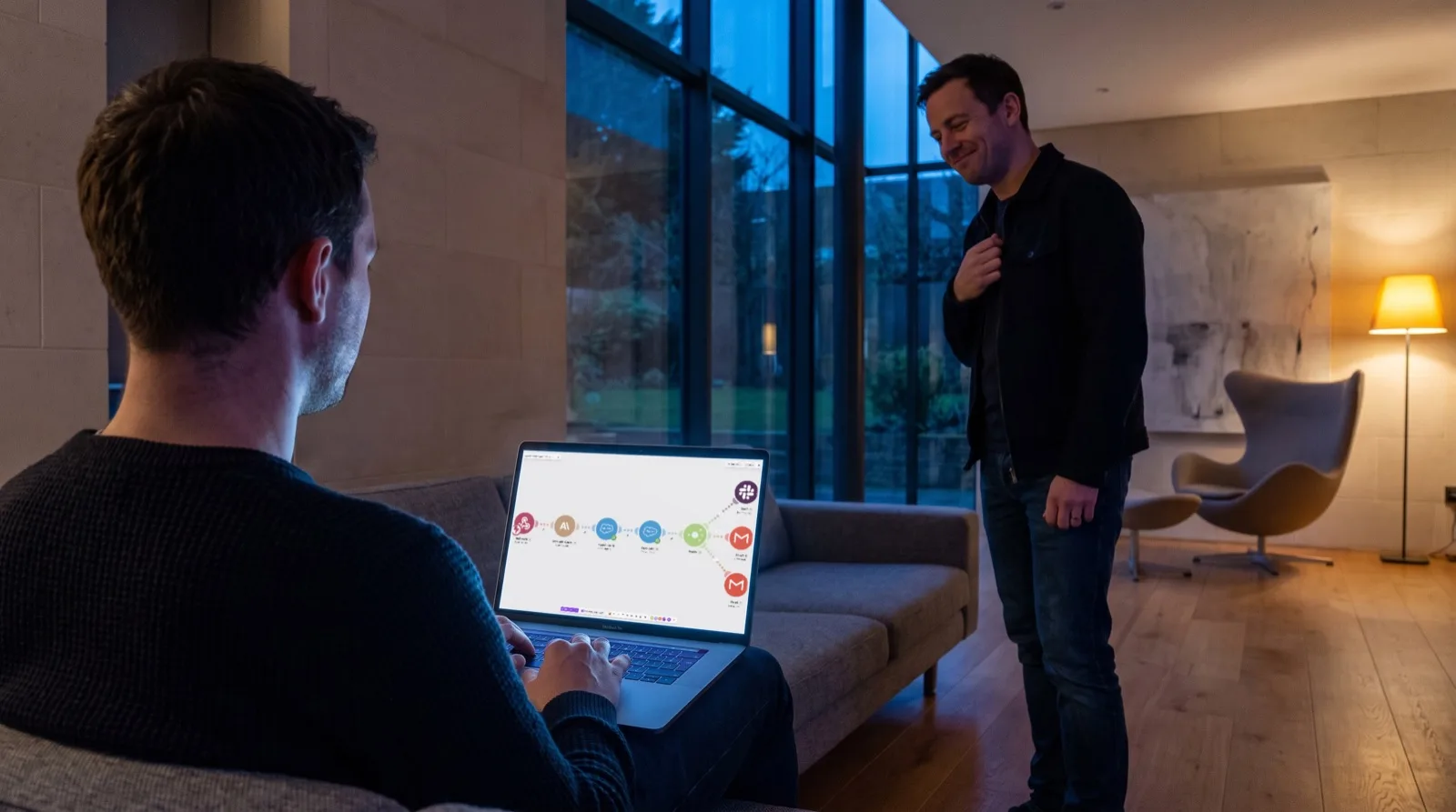 Avondlicht in een woonkamer: iemand bouwt op een laptop een automation-scenario, de eigenaar van het huis staat ernaast te genieten van wat hij ziet