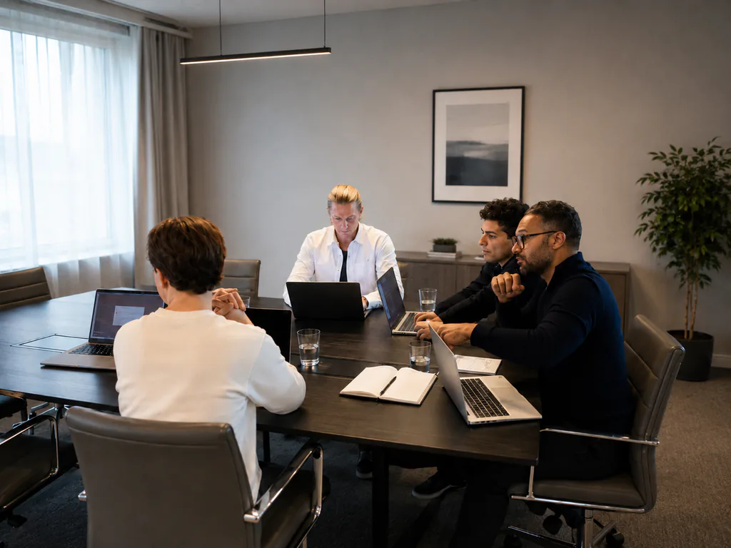 Deelnemers aan een AI-hackathon bouwen samen achter laptops aan een prototype.