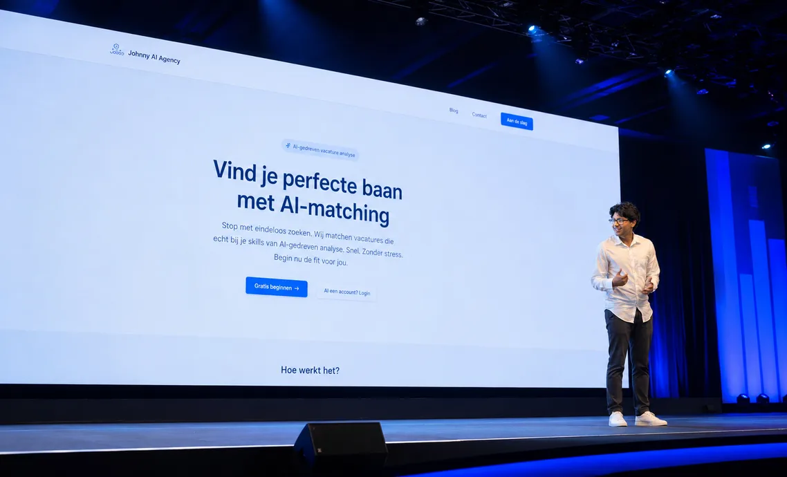 Deelnemer pitcht de AI-tool die hij tijdens de hackathon bouwde, op het grote scherm achter hem.