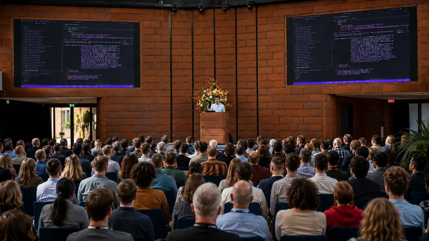 Keynote van TwoFeetUp voor een volle zaal developers bij AFAS, met live code op twee grote schermen.