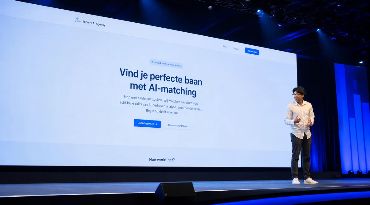 Spreker van TwoFeetUp voor een zaal met een AI-demo op het scherm achter hem.