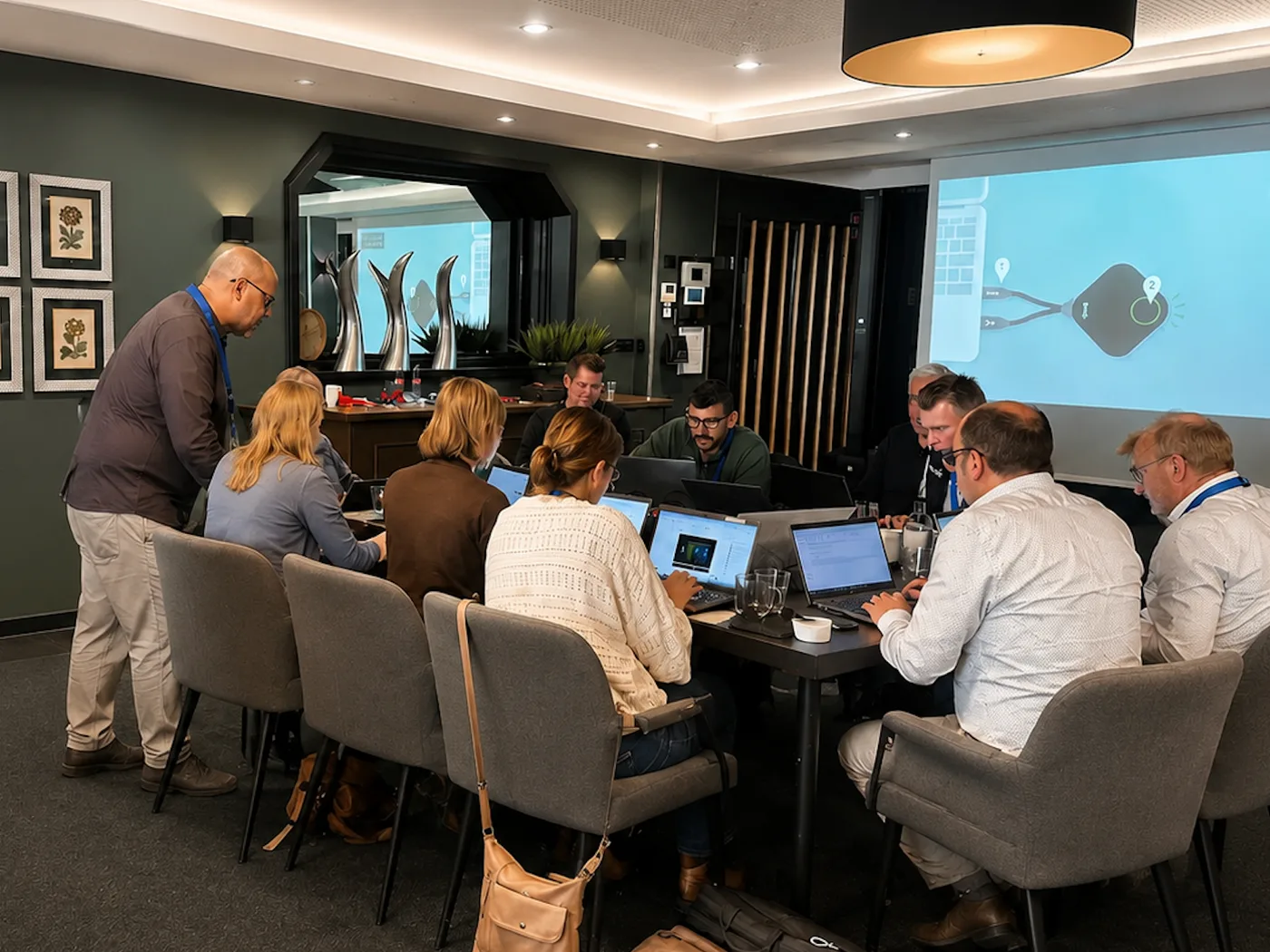 Deelnemers aan een TwoFeetUp workshop werken met laptops mee tijdens een live demo.
