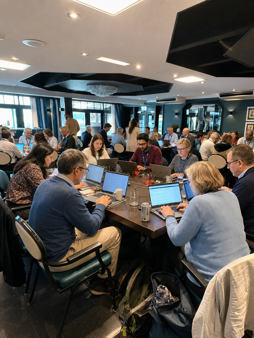 Volle workshopzaal met deelnemers aan meerdere tafels, laptops open.