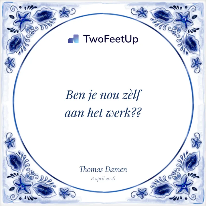 Delfts blauw bedanktegeltje van TwoFeetUp met TwoFeetUp-logo bovenaan