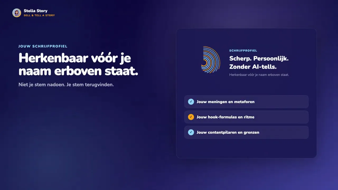Videostill uit de Stella Story productvideo: een schrijfprofiel met eigen meningen, hookformules en contentpilaren